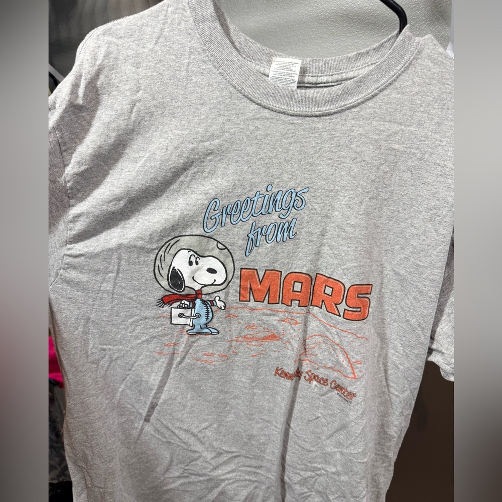 Snoopy NASA Shirt Kennedy Space Center Mars Tee Gray Graphic Size L